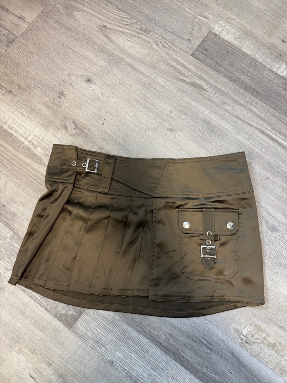 Dolls Kill Olive Green y2k Pleated Utility Mini Skirt with Buckle Details